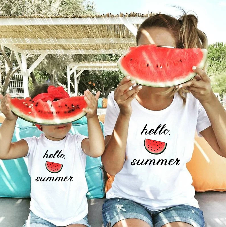 New Outfits Tshirts Matching Mom Daughter Mommy Summer Watermelon Hello And Casual 1pcs p6wd5EW9