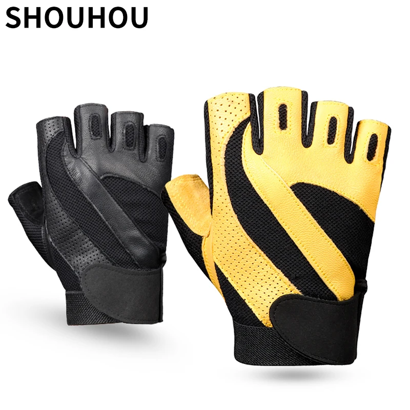 

SHOUHOU 2018 New Arrival Men Sports Gloves Semi-finger Male Genuine Sheepskin Leather Gloves Fashion Fitness Gloves Mittens 497a