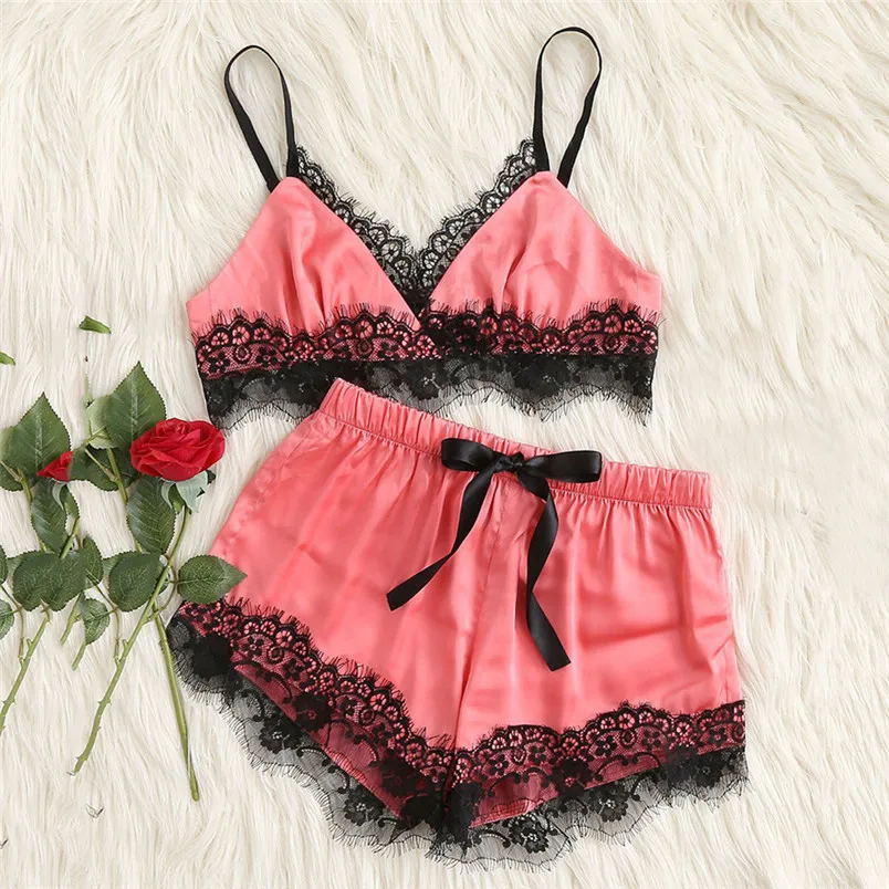 

Sexy Women Sleepwear Sleeveless Strap Nightwear Lace Trim Satin Cami Top Pajama Sets Fashion Sexy Conjuntos De Mujer 40JA15