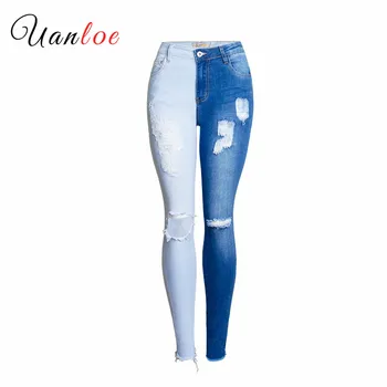 

2019 Skinny Fashion Women Ripped Jeans Woman 2019 Contrast Color Slim Jeans For Women Denim Pants Plus Size 4XL