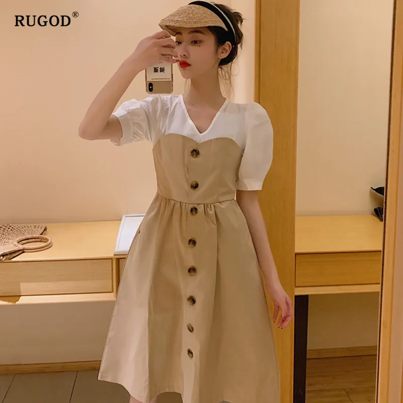 RUGOD новое летнее платье с высокой талией, женское платье для похудения, однобортное платье с v-образным вырезом и пышными рукавами, корейское платье - Цвет: Хаки