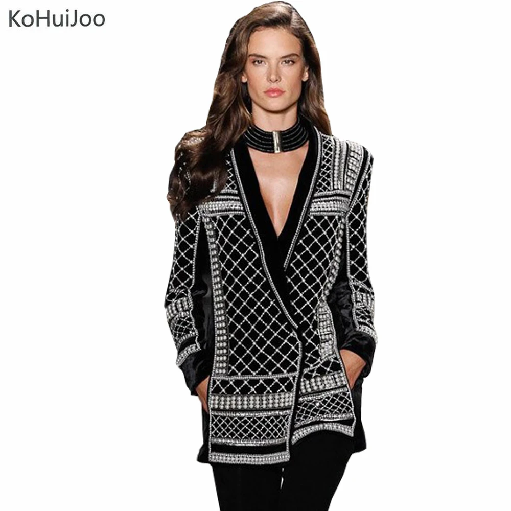

KoHuiJoo Pure Handwork Beading Velvet Blazer Women High Quality Deep V Neck Ladies Coats Long Sleeve Runway Blazer Jackets