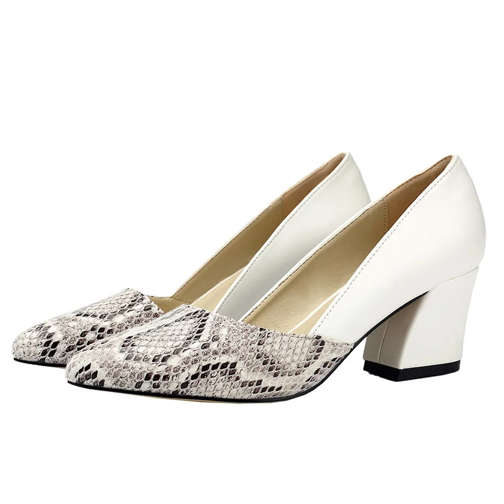 

2018 Spring and Autumn Sexy Fashion Casual Genuine Leather Color Matching Snake Pattern Work Shallow Mouth Shoes Women's Pumps