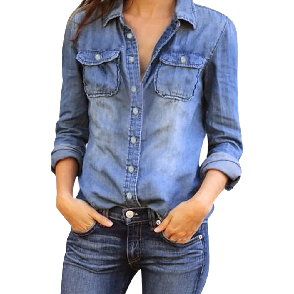 Fashion Retro Casual Jean Blouses Womens Ladies Blue Denim Long Sleeve ...