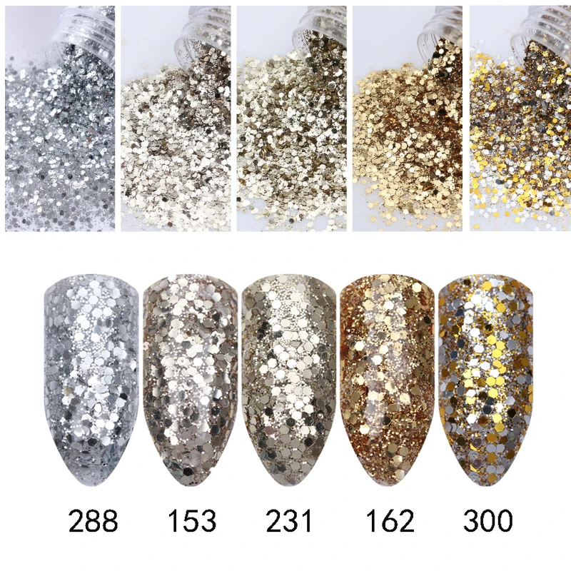 10 мл мигающий блеск для ногтей порошок для ногтей Серебро Золото Смешанная Шестигранная форма Блестки для искусства блестящее напыление листы советы