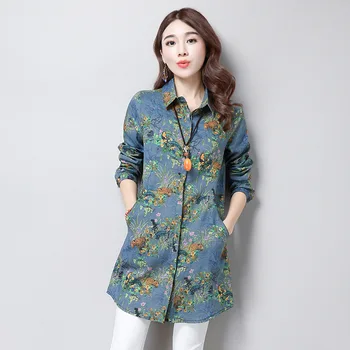

Retro Blouse blue printing Shirt Women Size M-3XL Ladies Office Shirts Formal & Casual Cotton Blouse Fashion Blusas Femininas