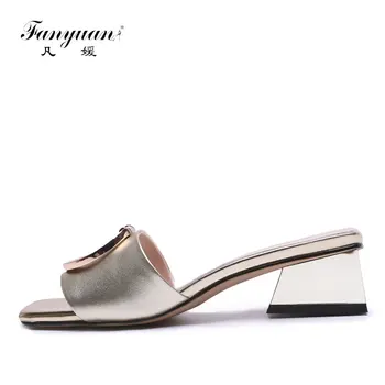 

Fanyuan Stylish Women's Summer Slippers Genuine Leather Metal Heeled Slides Ladies Hoof Heel Party Dress Shoes Plus Size 33-40