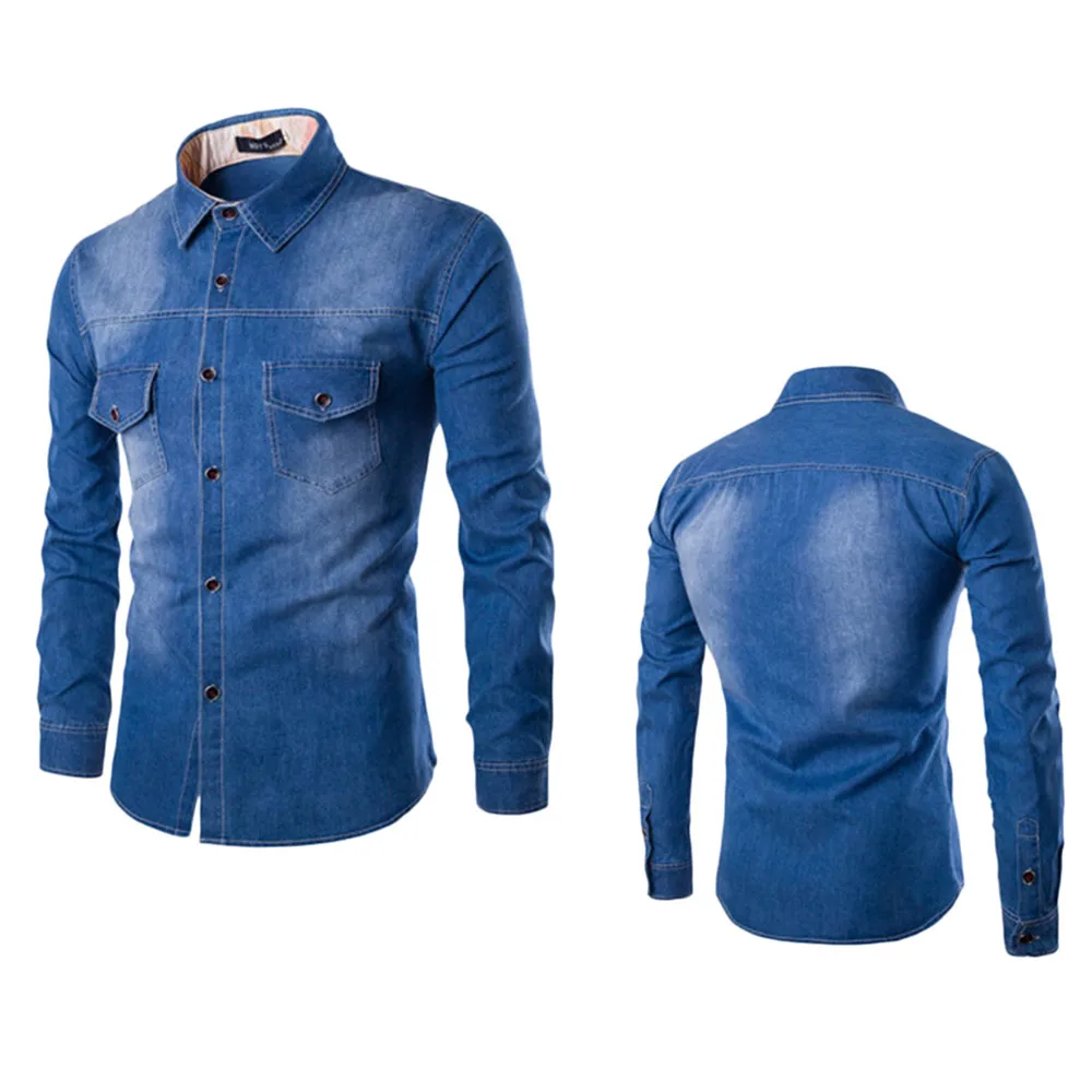 Модные Для мужчин Wash Slim Fit джинсы рубашка хлопок одежда с длинным рукавом Осенняя рубашка Повседневное Блуза Топ светло-голубой темно-синий