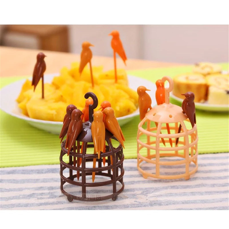

New Arrivals Cute Mini Bird Cage Fruit Sign Plastic Fruit Fork Dessert Set Kitchenware Hot Sale