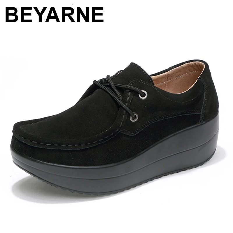 BEYARNE 2018 Spring women flats shoes thick soled high platform shoes leather suede ladies