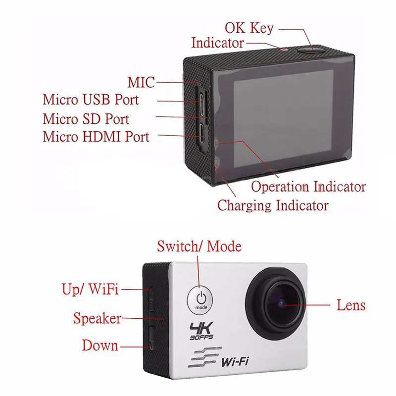 Cewaal Экшн-камера Ultra HD 4K 25fps WiFi 2," 170D подводный водонепроницаемый шлем видео запись камера s Спортивная камера