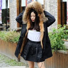 CX-G-P-12G, Новое поступление, зимняя черная парка с настоящей опушка из лисьего меха и капюшоном из енота