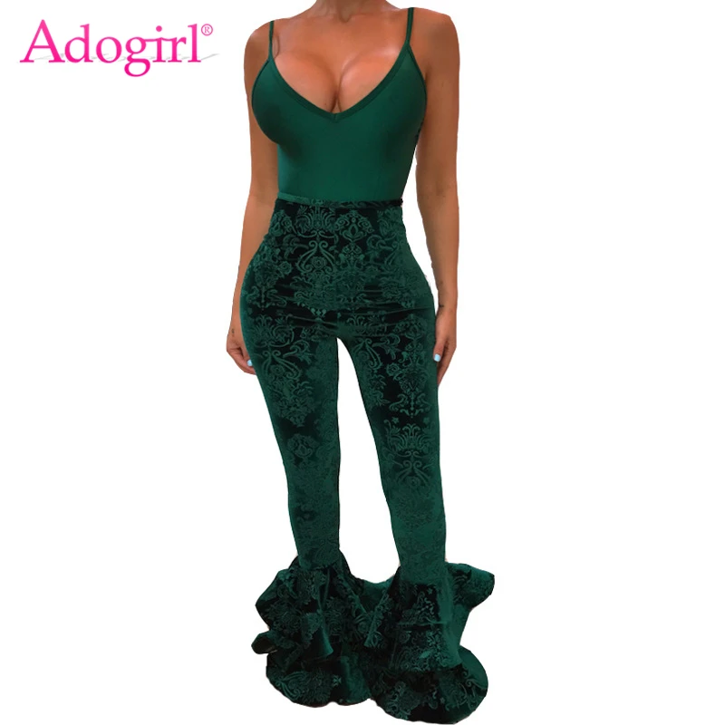 

Adogirl Green Floral Velvet Skinny Flare Pants for Women High Waist Ruffles Bottom Slim Casual Pants Ladies Trousers