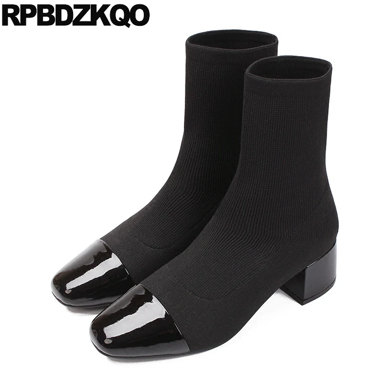 

Autumn Brand Fur Shoes Women Ankle Boots Medium Heel Slip On Sexy Chunky Size 34 Fall Black Knit Square Toe 2017 Female New