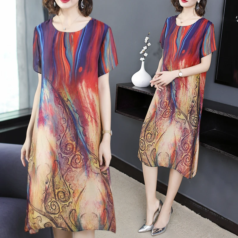 

Fake Silk Dress Women Elegant Vintage Party Dresses Robe Plus Large Size High Quality Loose Midi Vestido 2019 Summer Clothing