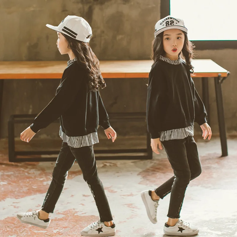

New 2Pcs Kids Girls Long Sleeve Sweatshirt Tops Jeans Girls Pants Set Outfits Children Causal Spring Autumn Clothing Sets Ca315