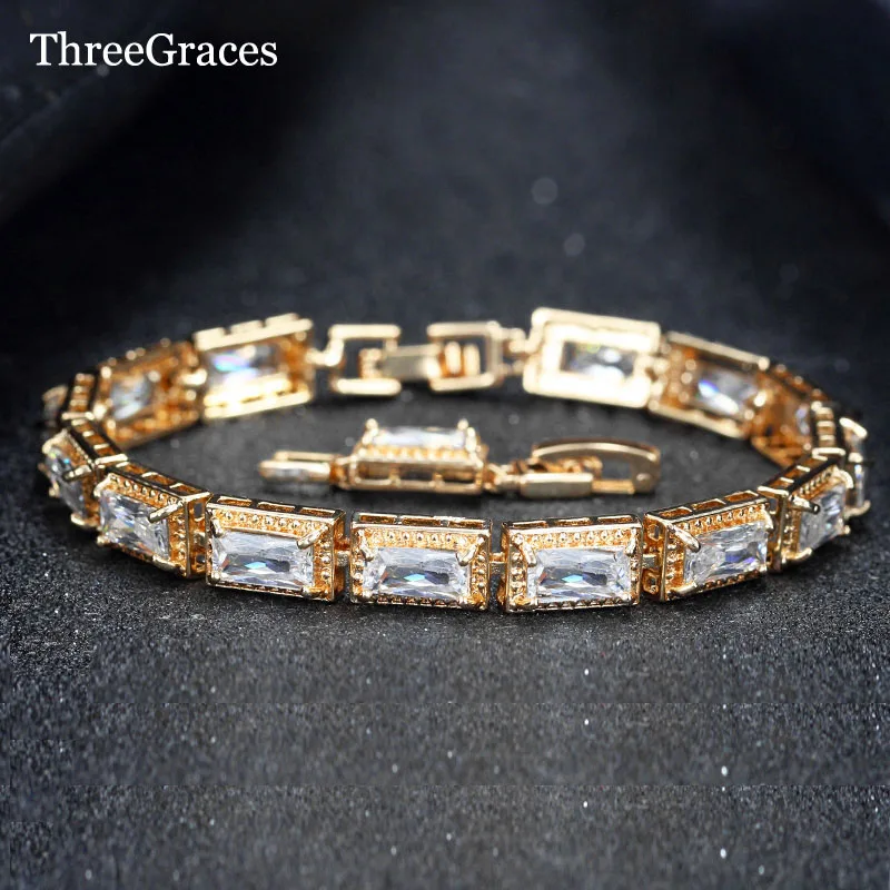 

ThreeGraces Nobal Design Gold Color Jewelry Long Square Cut Cubic Zirconia Vintage Wedding Bracelets Bangles For Women BR112