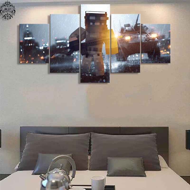 5 Panel Canvas Printed Game Poster Minecraft Battlefield 4 Wall