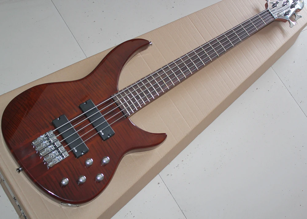 

5 Strings Electric Bass Guitar with Elm Body,No Inlay,Rosewood Fretboard,Flame Maple Veneer,offering customized services