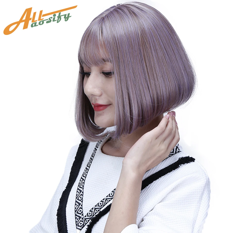 Allaosify Short Straight Bob Brown Wigs Bobs Wigs with Bangs Heat