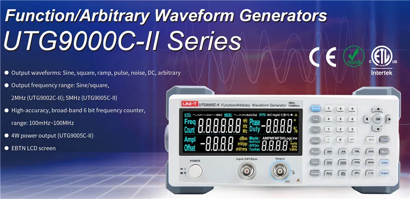 UNI-T UTG9005C-II функция/генератор сигналов произвольной формы; 5 МГц пропускной способности канала, 125 мс/с частота дискретизации, USB связь