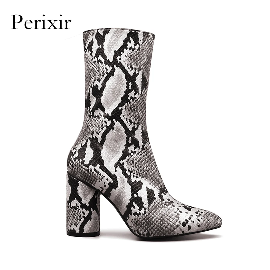 

2018 Autumn New Women's Winter Boots Fashion Serpentine Mid-Calf Boots Pointed Toe Square Heel Pumps Sexy Female Shoes