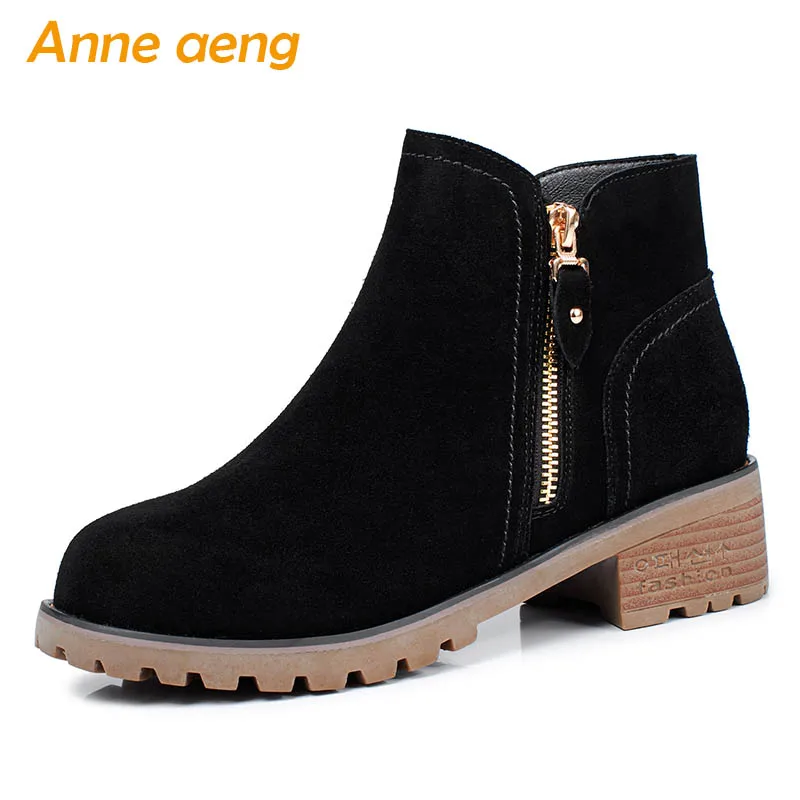 

New Winter Women Ankle Boots Middle Square Heel Round Toe Zipper Elegant Women Cow Suede Shoes Black Warm Short Boots Big Size