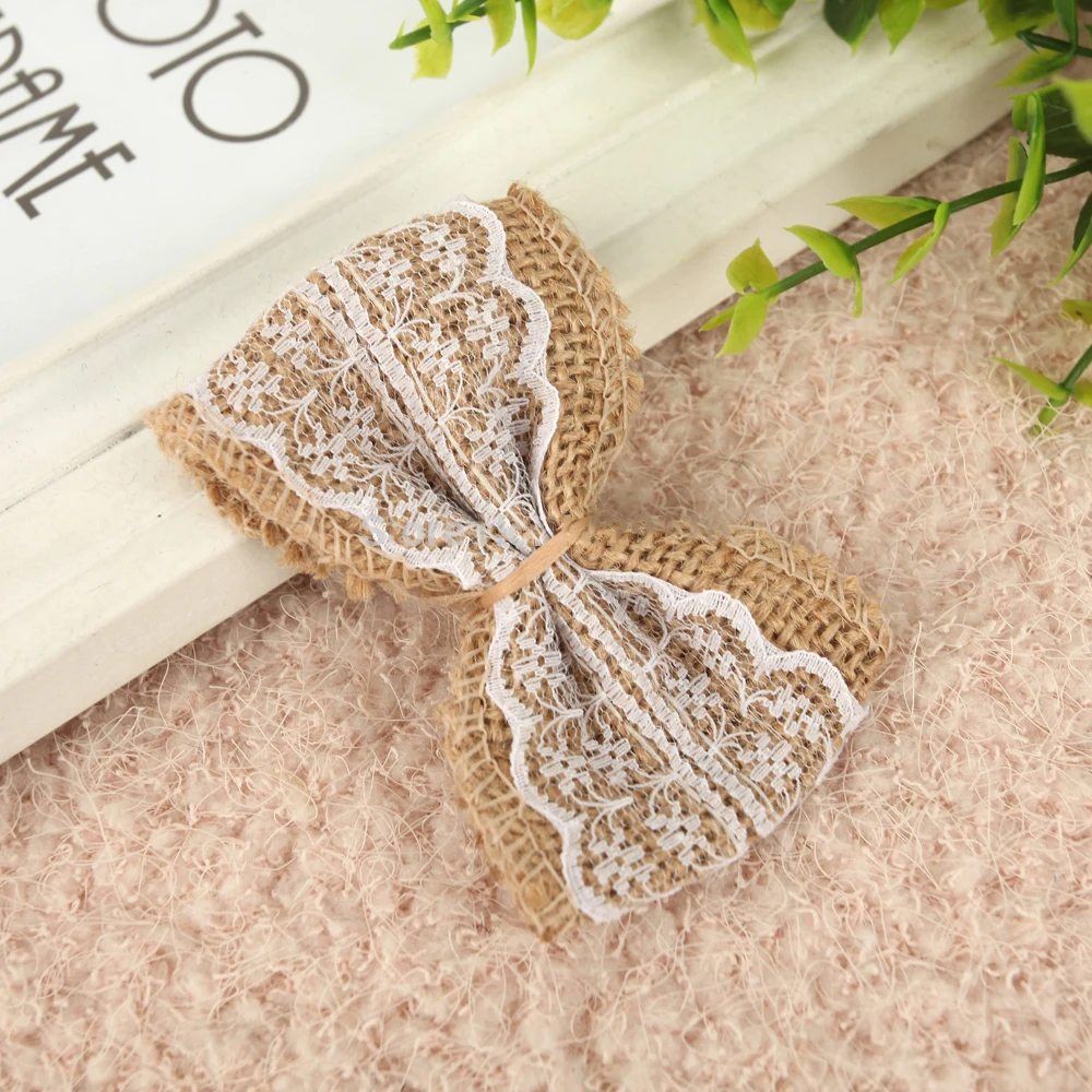 10pcs White Lace Natural Jute Jute Burlap Hessian Bowknot Bows