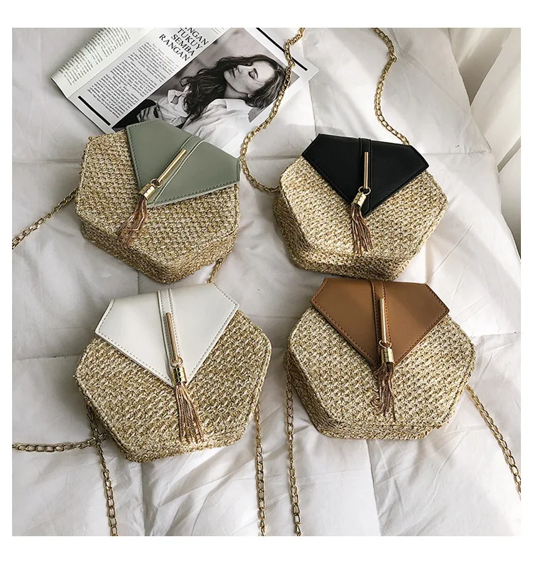 Straw PU Handbag Women Hexagon Rattan Handmade Shoulder Bag Summer Beach Bohemia Tassel Travel Bags Fashion Ladies Chain Bag Straw PU Handbag Women Hexagon Rattan Handmade Shoulder Bag Summer Beach Bohemia Tassel Travel Bags Fashion Ladies Chain Bag