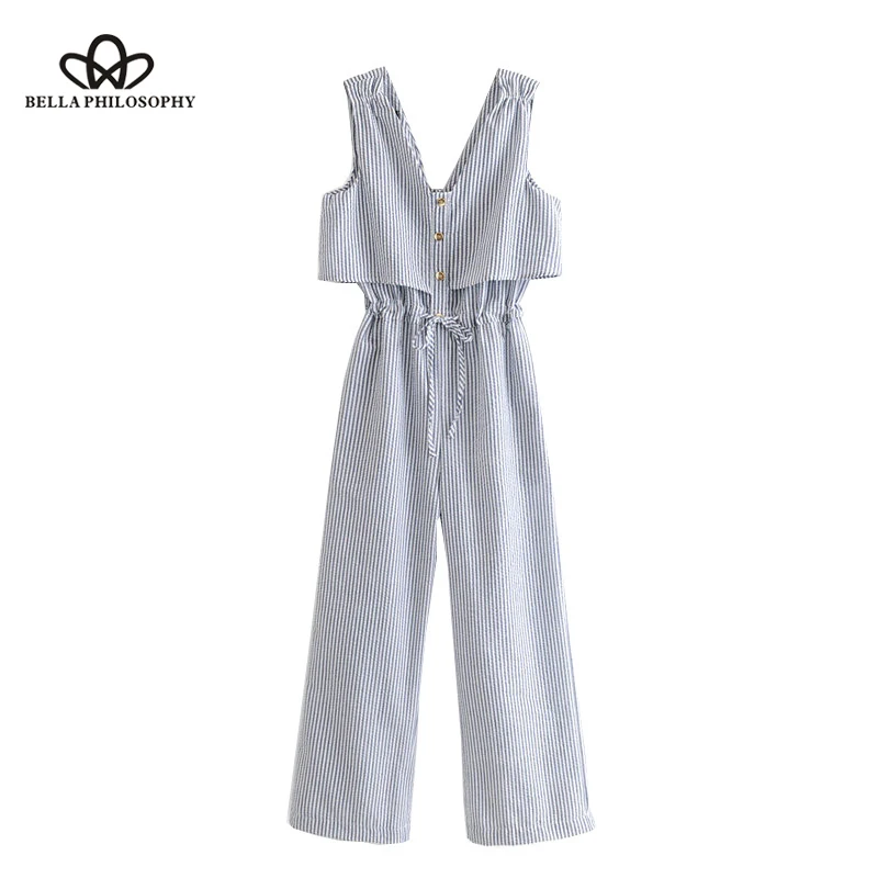 خمر أنيق زرر مخطط حللا النساء 2019 الأزياء V الرقبة أكمام الرباط الكاحل السراويل عارضة ارتداءها فام