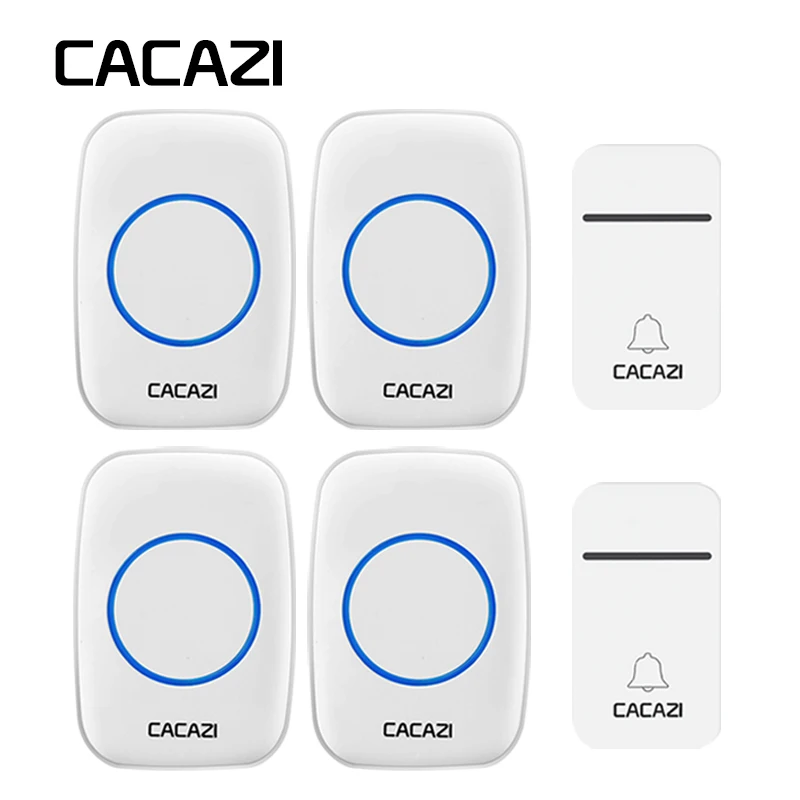 

CACAZI No Battery Required Wireless Doorbell 200M Remote Self-Powered Waterproof Home Calling Bell US Plug 2 Button 4 Receiver