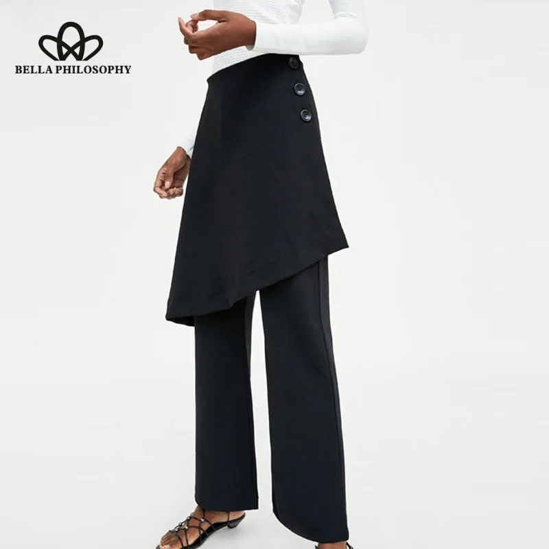 Wonder Spring High Waist Long Pants Vintage Loose Female Retro Elastic Wide Leg Pants Casual Lady Black Culottes Bottoms 2019