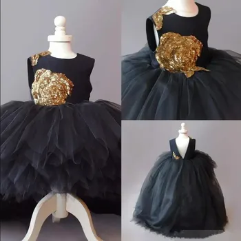 

Cupcake Gold Sequins Flower Girl Dresses Tulle Long Hi-Lo Black Tulle First Communion Dresses for Girls