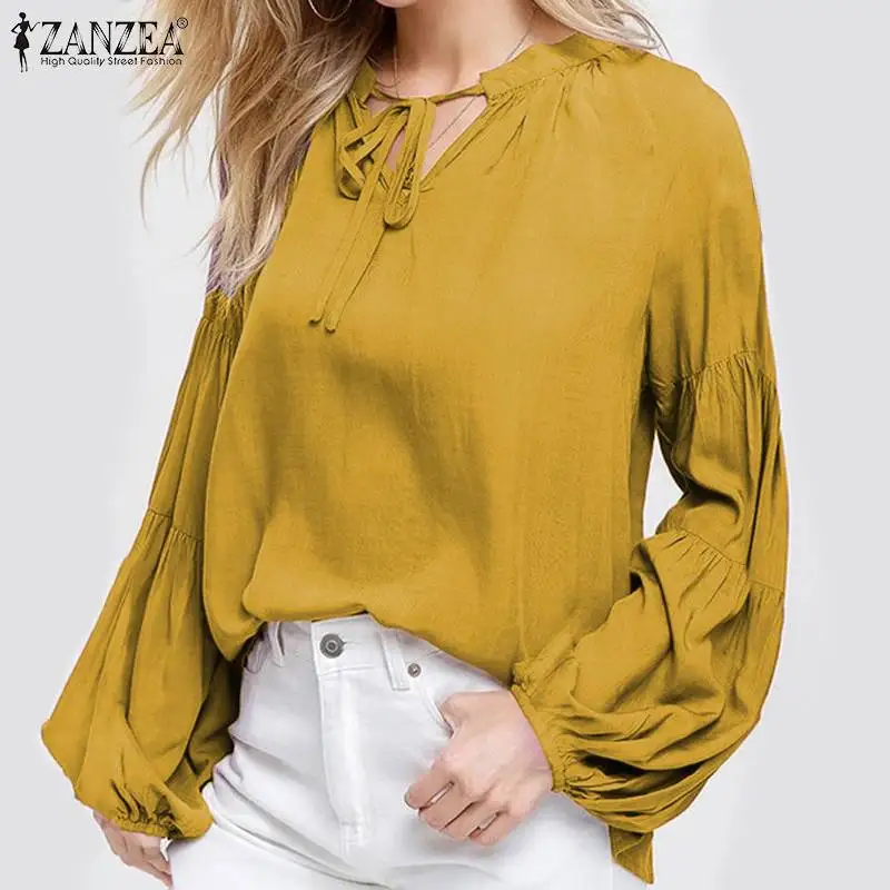 

ZANZEA Plus Size Women Shirts Blouse Women Casual V Neck Tops 2019 Autumn Lantern Long Sleeve Blusas Work Tunic Chemiser Mujer