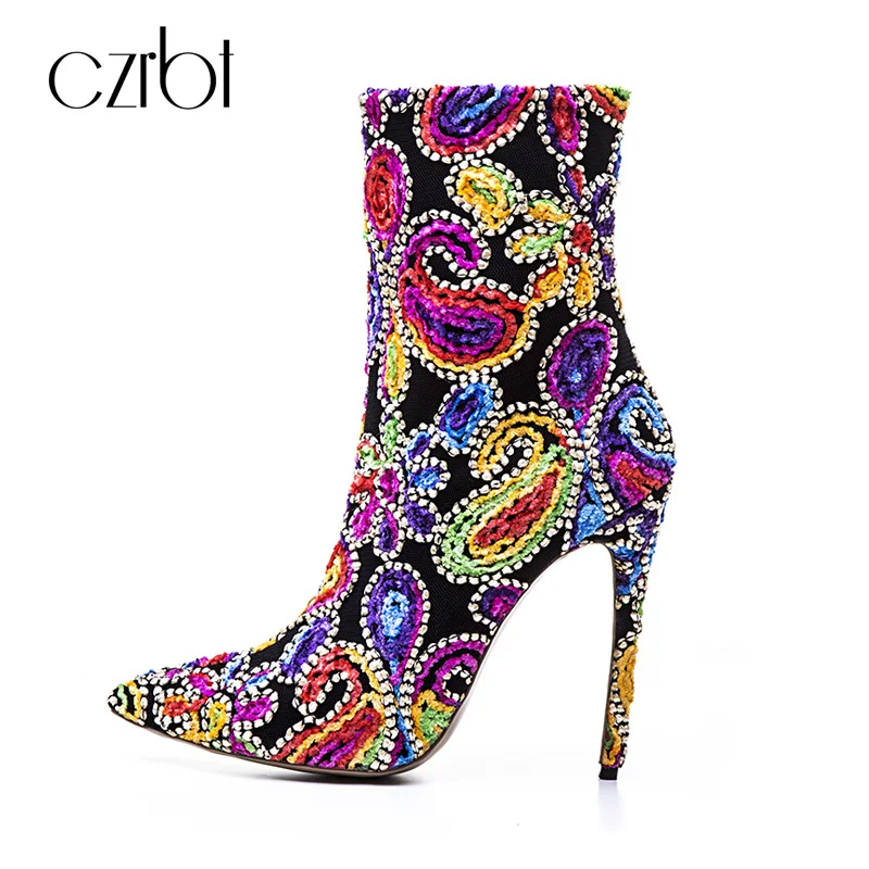 

CZRBT Mix Color New Fashion Women Boots For Winter Spring Mid-calf Super High Heels 12cm Boots Top Quality Handmade Big Size