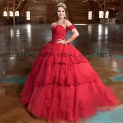 2019 платье принцессы бальное платье Бальные платья Красный корсет для возлюбленного многоярусными кружевными оборками, бисерный Тюль