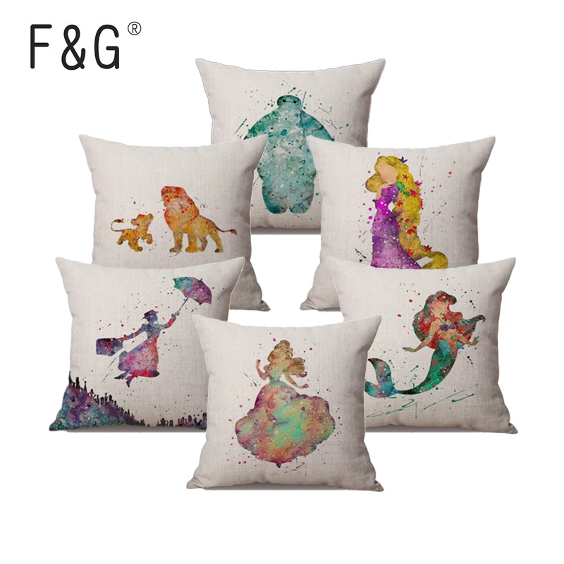 

2018 Mary Peter Pan Watercolor Sofa Pillow For Home Decoration Fairy Tale Princess Hero Heroine Cushion Cover Pillowcase