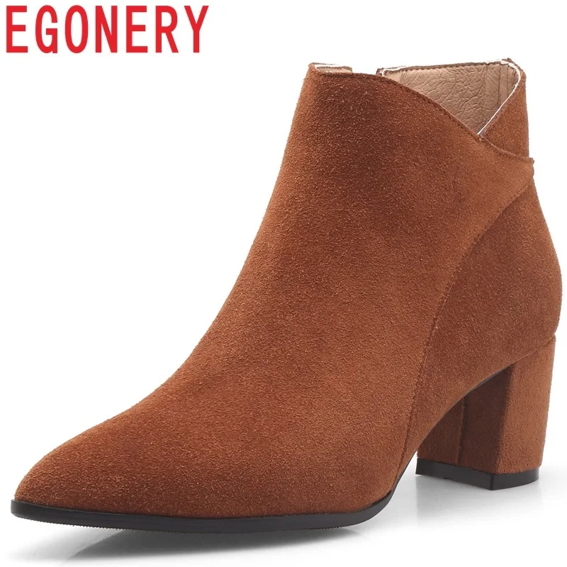 

EGONERY 2018 new fashion sexy cow suede ankle boots winter warm pointed toe high square heel zipper black and brown women shoes
