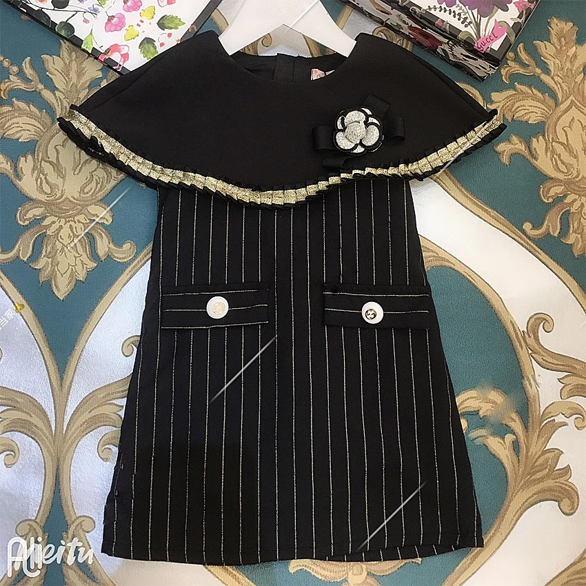 

6597 Flowers Golden Striped Princess Toddler Baby Girl Christmas Dress Fall Winter Party Kid Dress For Girl Thanksgiving Clothes