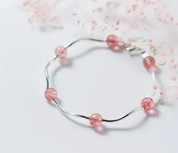 

6MM 100% Real. 925 Sterling Silver Fine Jewelry Rose Strawberry Quartz /Moonstone Stone & Twist Snakebone chain Bracelet LS761