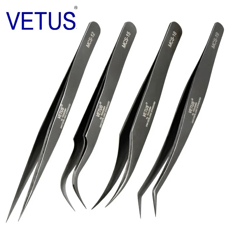 4PCS VETUS Original MCS Bright Blue Premium Beauty Makeup Tweezers for Eyelashes Extension Super Fine Tip High Precision Clip 3