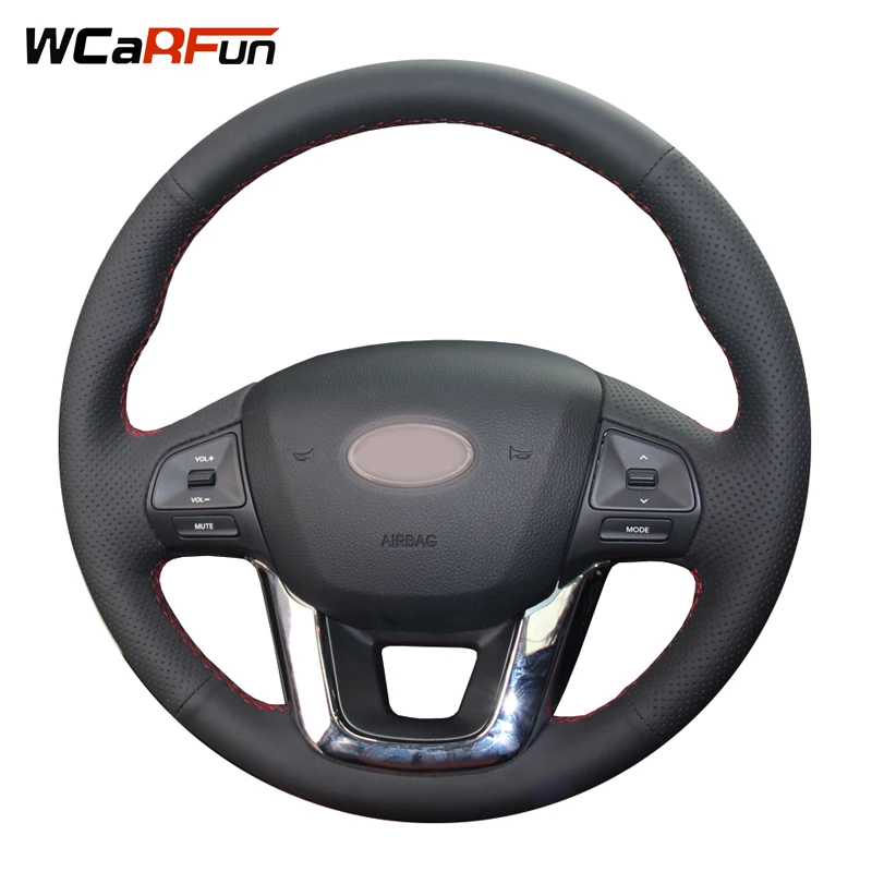 

WCaRFun Hand-Stitched Auto Steering Cover Black genuine Leather Car Steering Wheel Cover for Kia K2 Kia Rio 2011 2012 2013