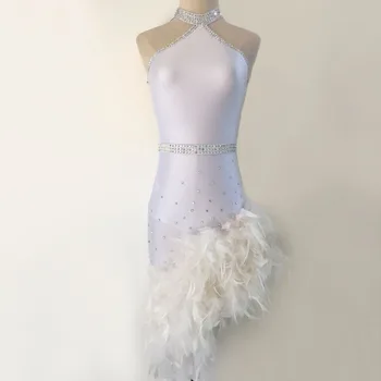 

New Latin Dance Dress Bling Rhinestones Kids Dresses For Girls Sexy White Feather Latin Competition Dancewear Salsa Customizable