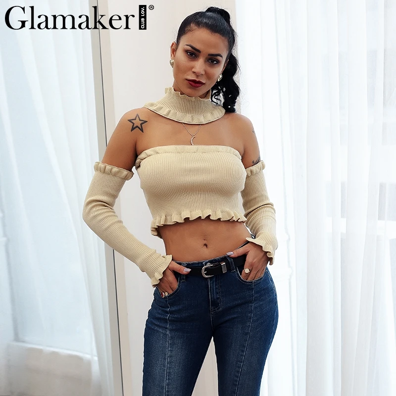 

Glamaker Ruffle cold shoulder turtleneck sexy sweater Women halter long sleeve pullover Knitted backless winter party jumper