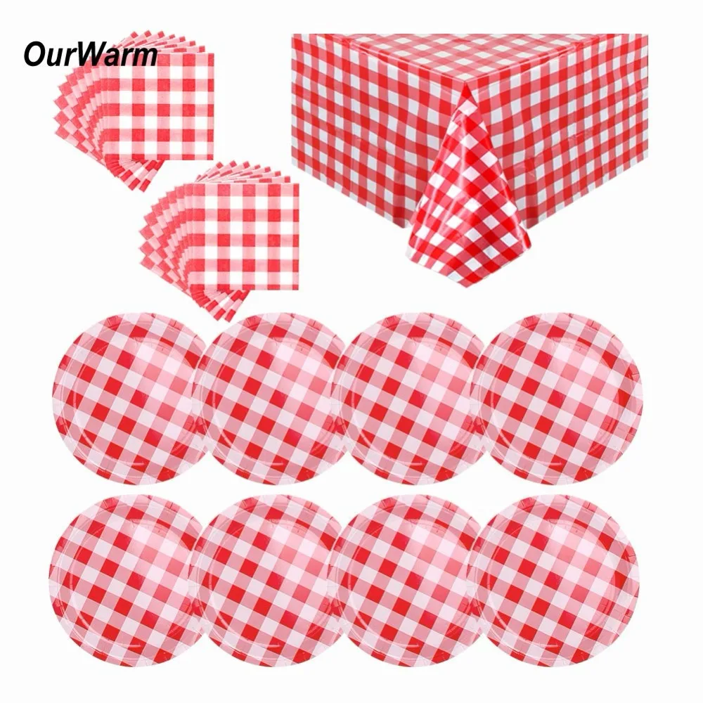 

OurWarm Disposable Tableware Sets 8Pcs Party Paper Plates 20Pcs Paper Napkins 1Pcs Plaid Table Cloth Birthday Party Supplies