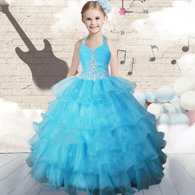 Best price at $101 Cheap Gorgeous First Communion Dress Pretty Halter Top Quality Pageant Ball Gown Bead Ice Blue Organza Little Infant Girl Dress 0-12 Y