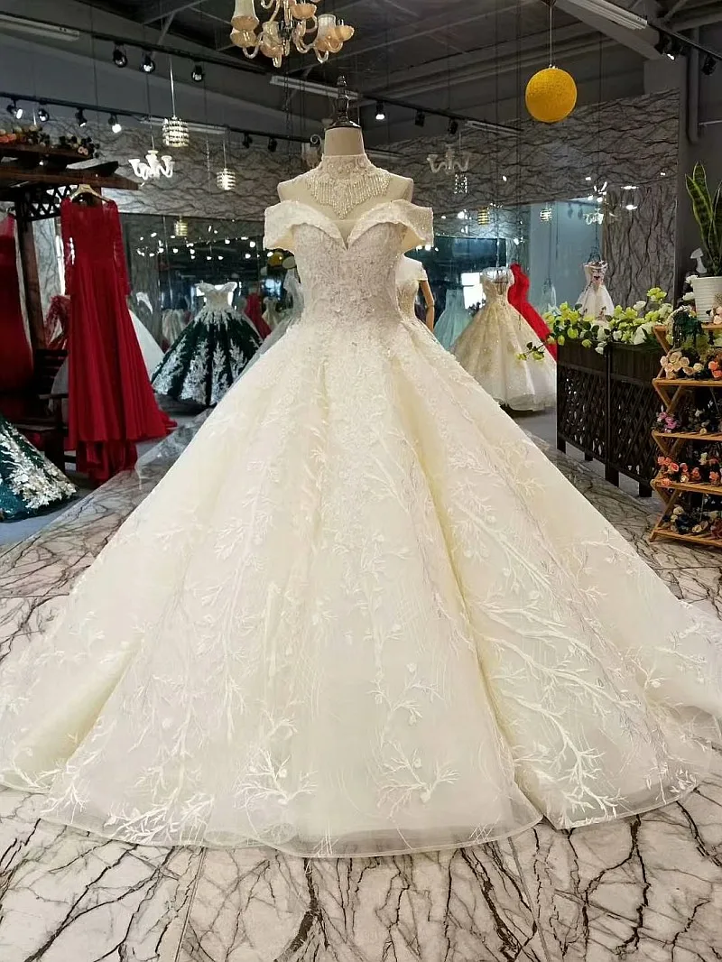 LS632498 когда-либо очень принцесса свадебное платье с плеча длинным рукавом возлюбленной этаж длины невесты свадебные платья с ожерельем