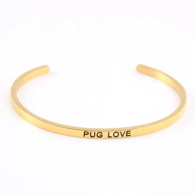 

5Pcs/lot Inspirational Bracelets Stainless Steel Engraved Words " pug love" Cuff Mantra Bangles For Women