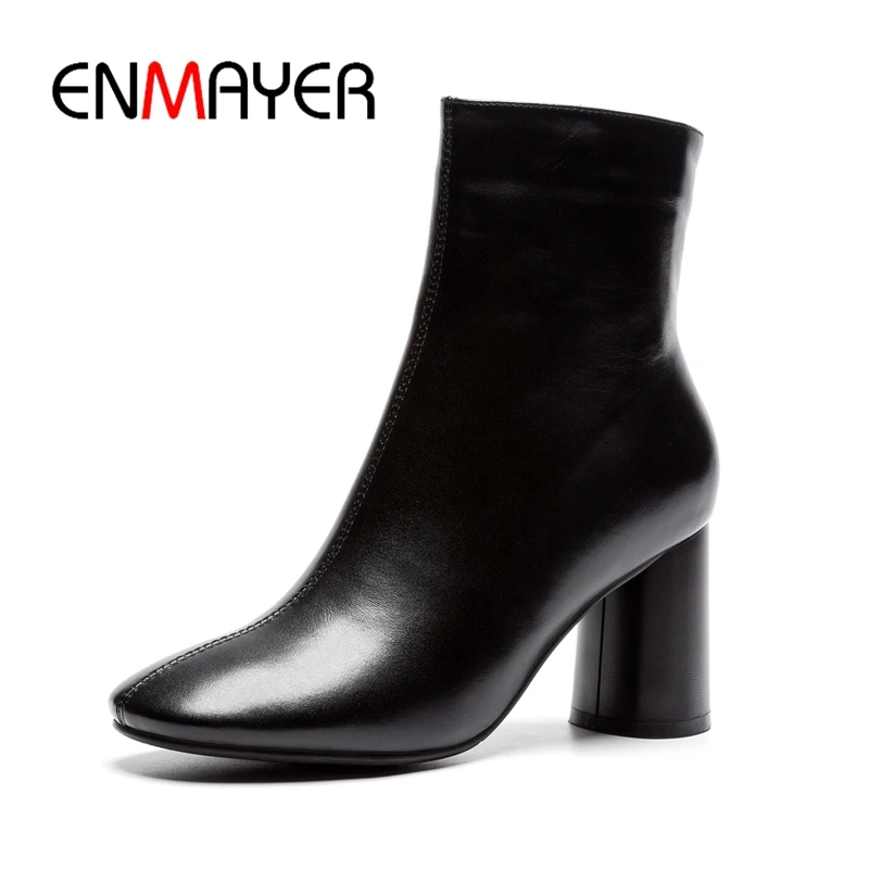 ENMAYER Round Toe Basic Zip Genuine Leather Square Heel Zapatos De Mujer Shoes Woman Size34-41 ZYL1867