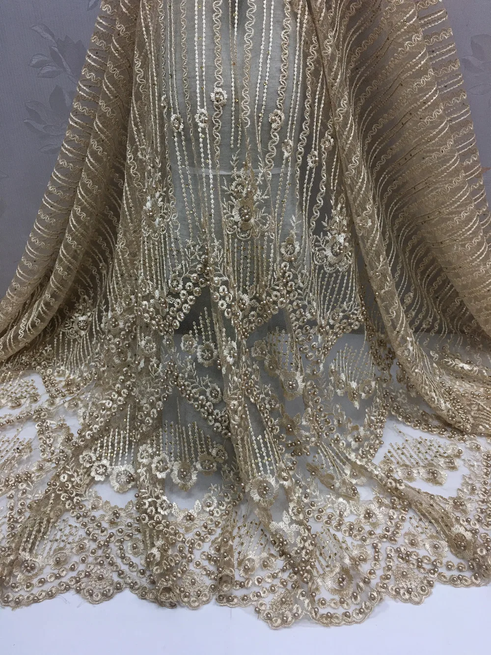 

2018 new arrival french net lace fabric!high quality peach african tulle mesh lace with beads for wedding party dress.5yards/lot